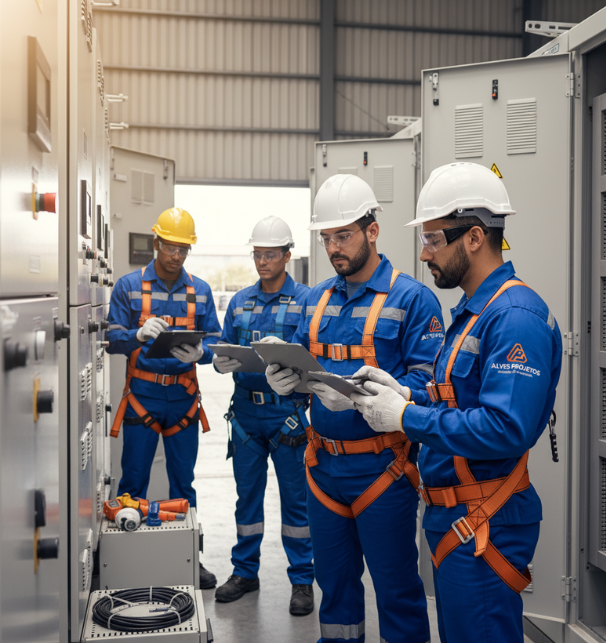Engenheiros da Alves Projetos realizando medições elétricas com segurança